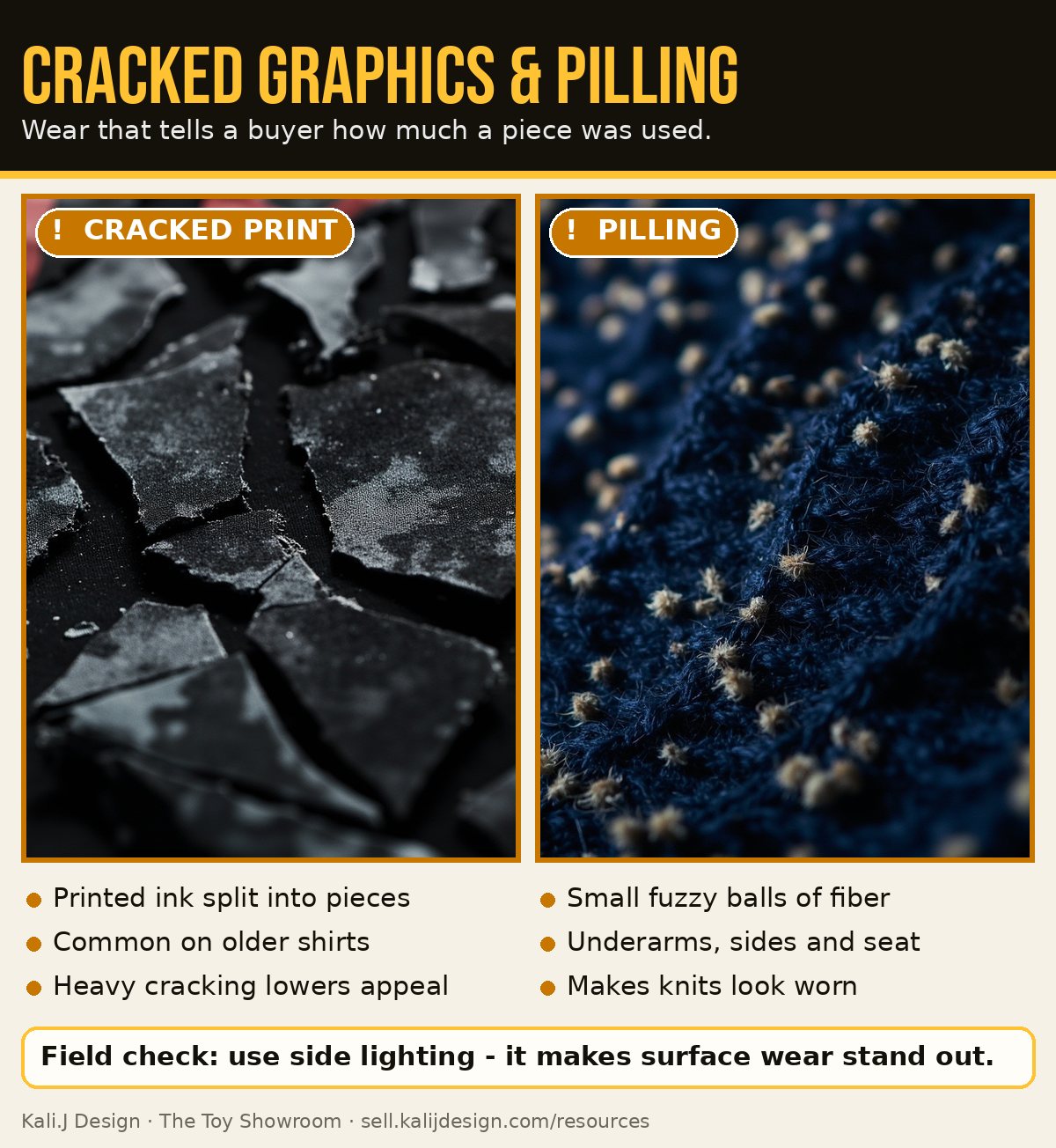 A cracked printed graphic on a black shirt, and a knit sweater covered in pilling
