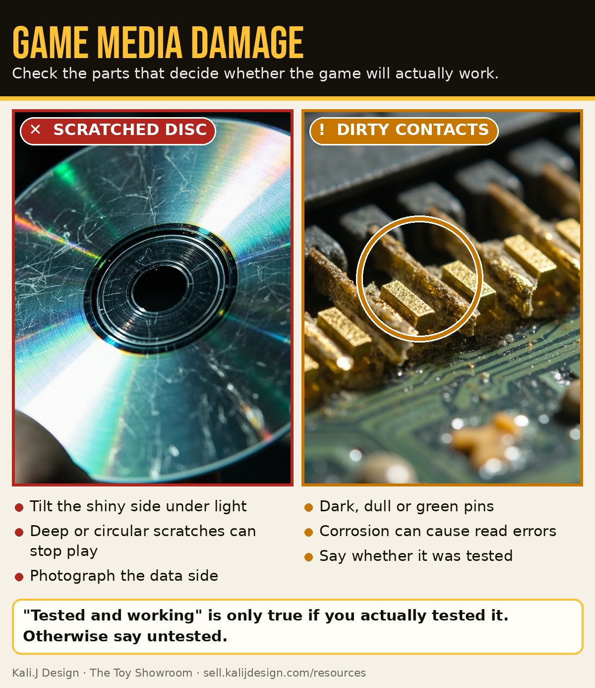 Illustrations of a scratched disc under light and cartridge contact pins with dark corrosion