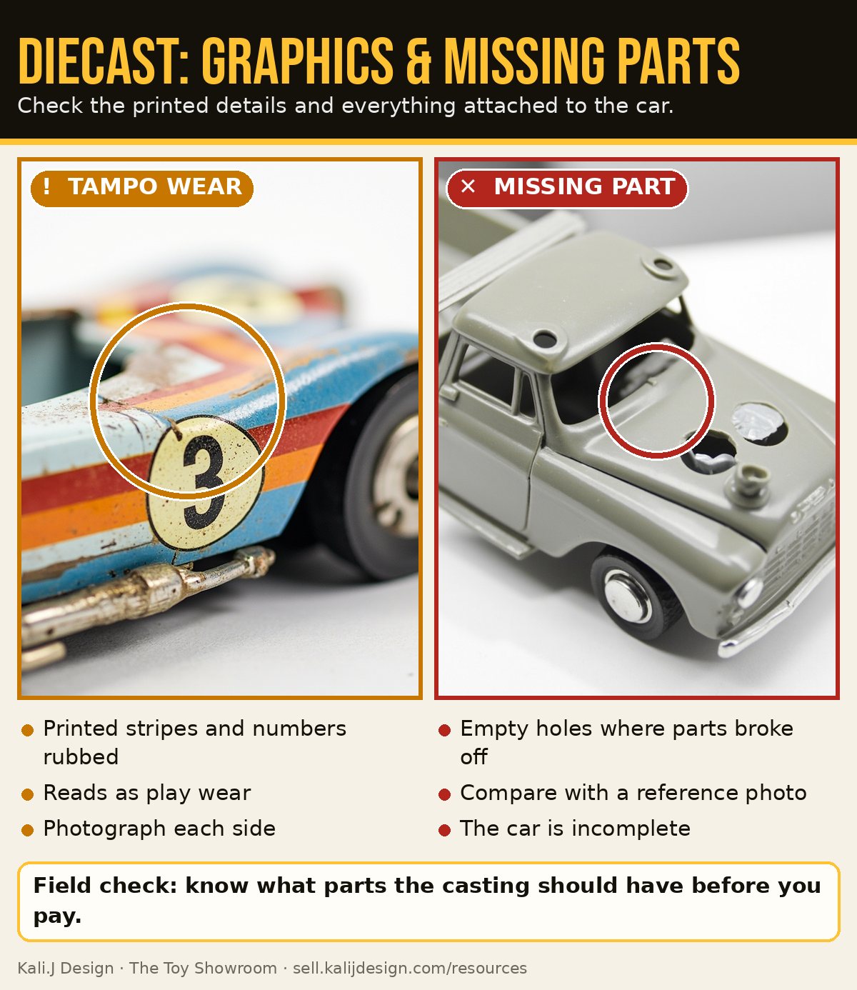 A diecast car with rubbed printed stripes, and a toy truck with empty holes where parts broke off