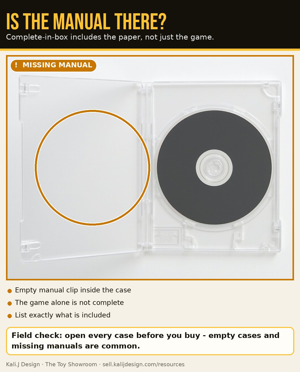 An open game case with a disc but an empty manual clip