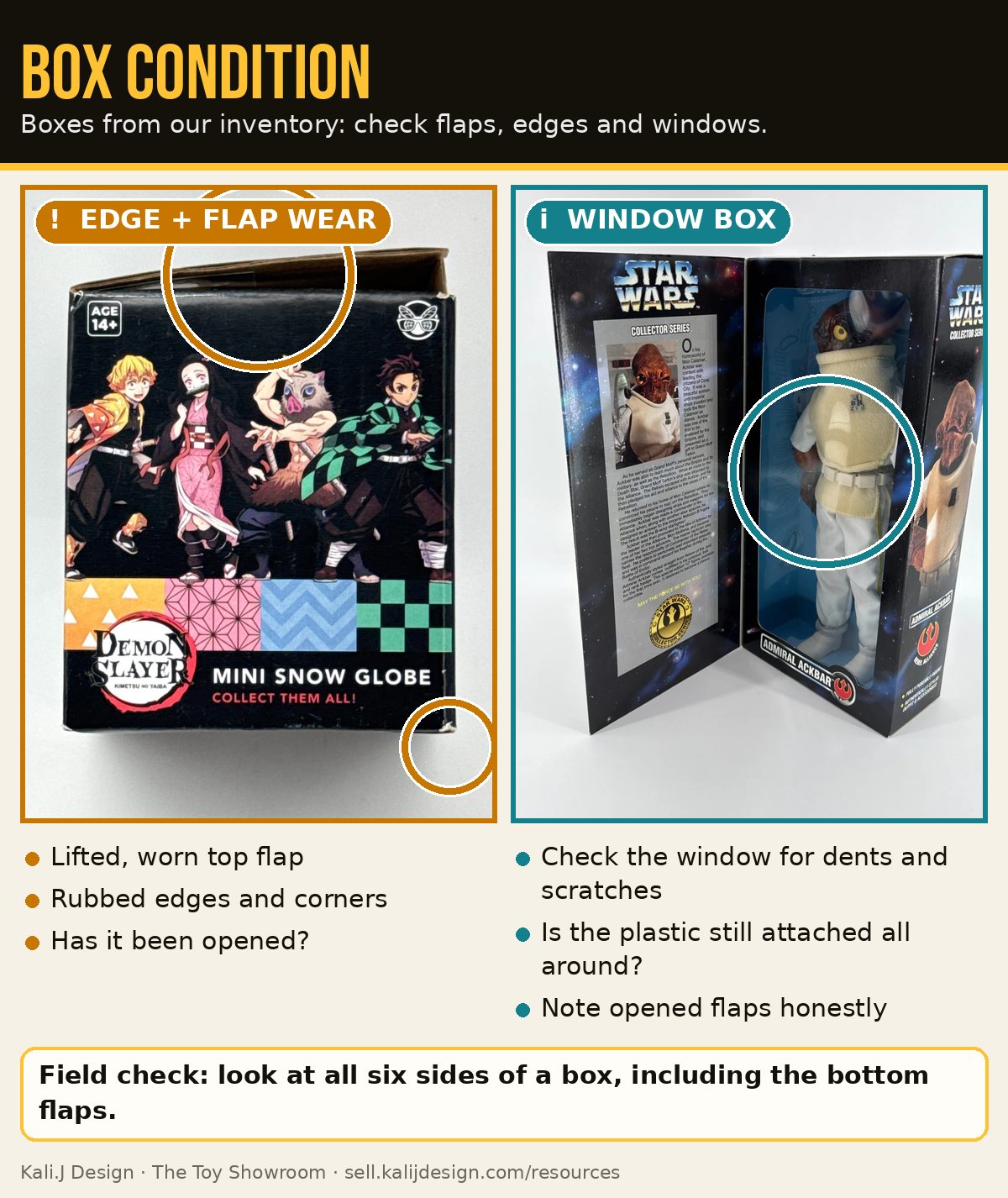 Two boxes from our inventory: a box with a lifted, worn top flap and a Star Wars window box shown opened