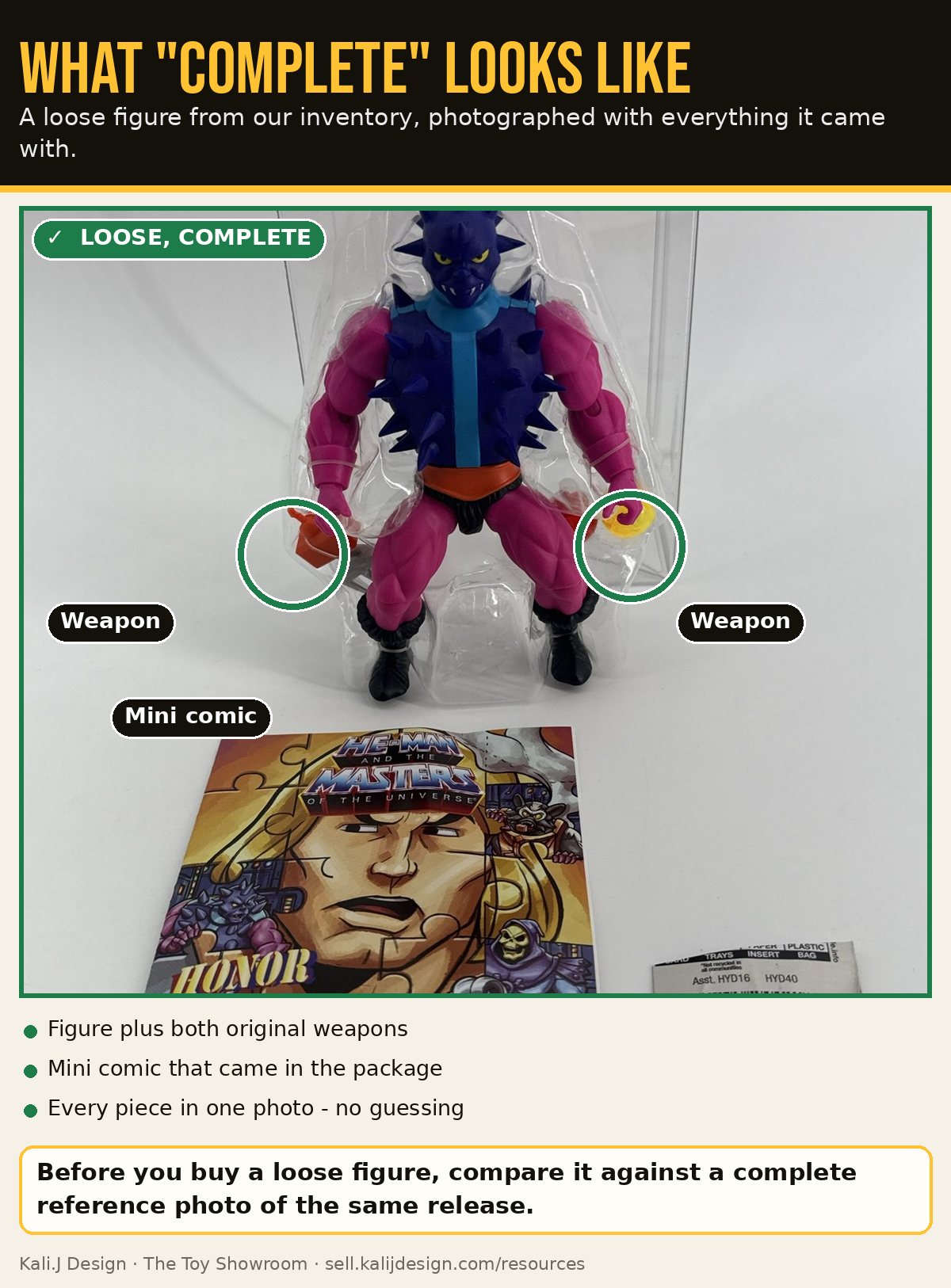 A loose Masters of the Universe Origins Spikor figure from our inventory with both weapons and its mini comic