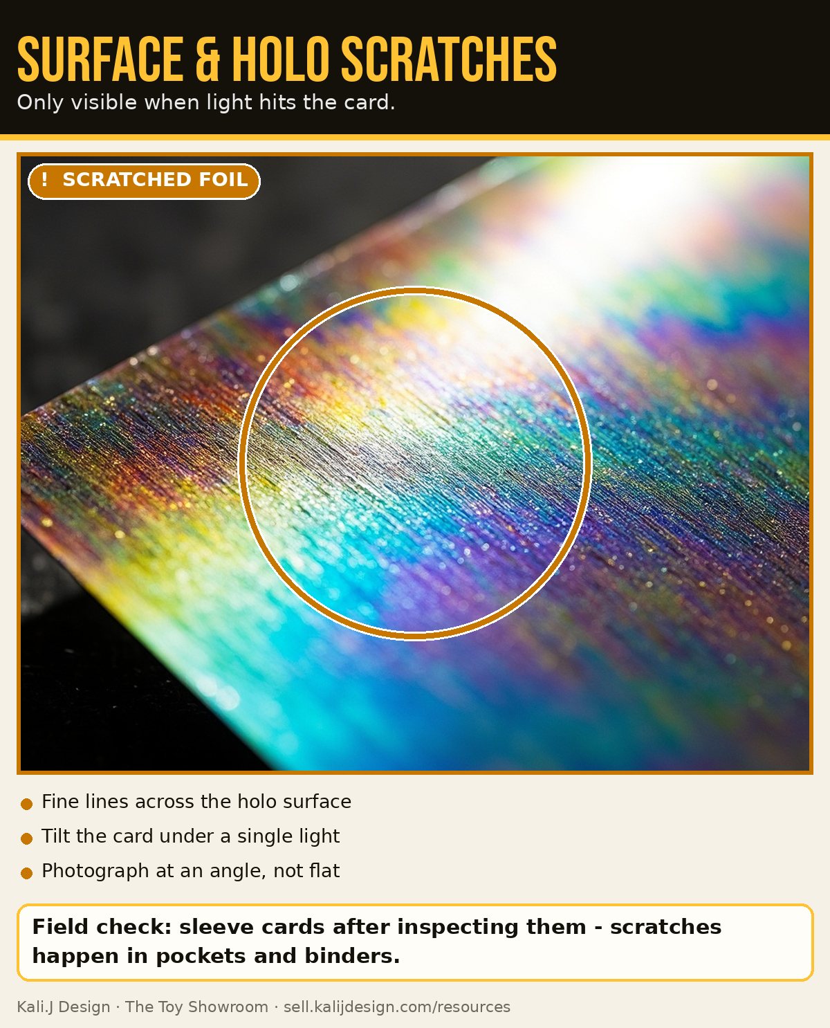 Close-up of fine scratches across a holographic foil surface caught by the light