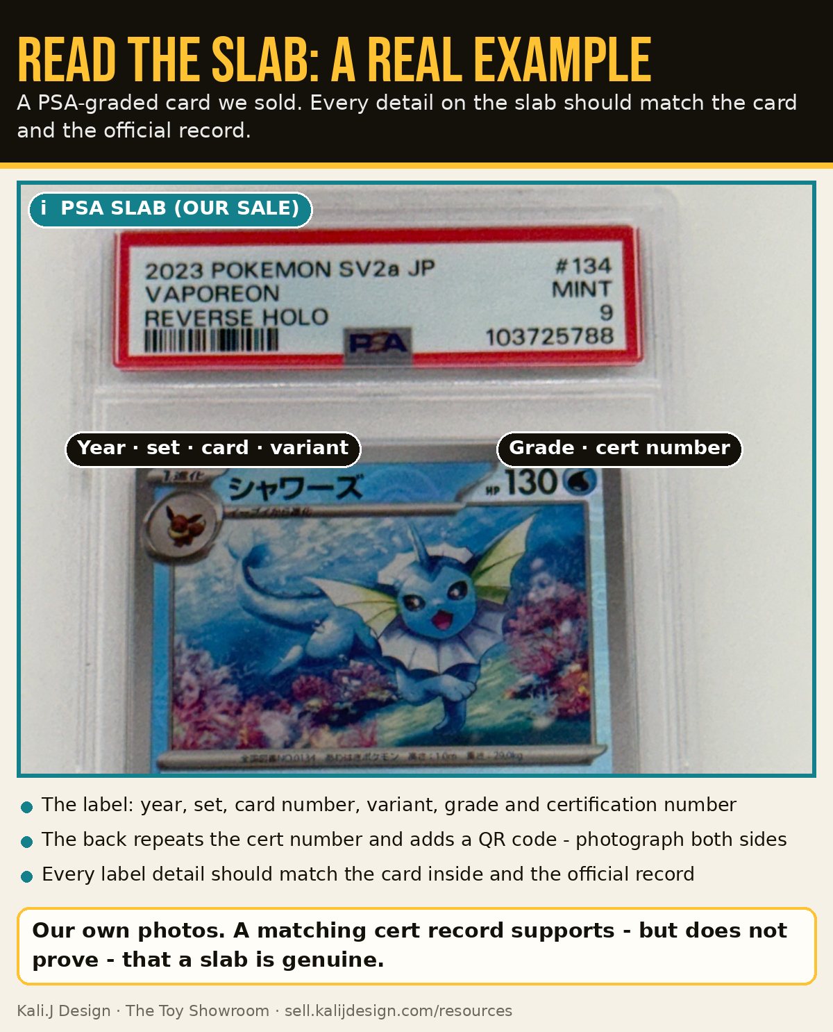 A PSA 9 Japanese Vaporeon reverse holo from our own sale, with the label details and grade called out